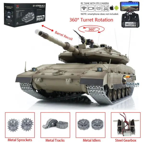 1:16 Heng Long 3958 RC Main Battle Tank IDF Merkava MK IV FPV Upgrade Edition W/ Metal Tracks 360 Rotating Barrel Recoil