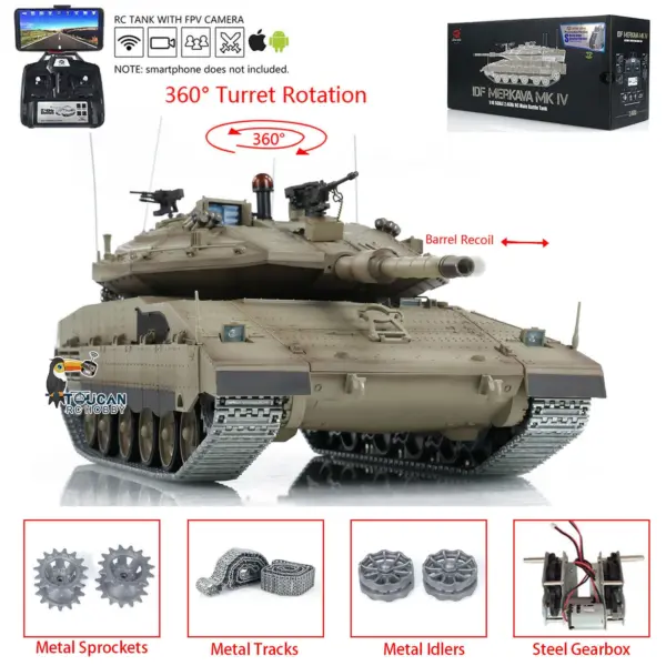 1:16 Heng Long 3958 RC Main Battle Tank IDF Merkava MK IV FPV Upgrade Edition W/ Metal Tracks 360 Rotating Barrel Recoil