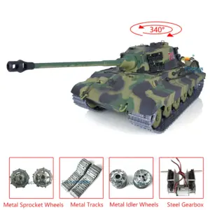 2.4Ghz Henglong 1:16 7.0 German King Tiger RTR RC Tank 3888A Model Metal Tracks 340 Degree Turret Steel Driving Gearbox