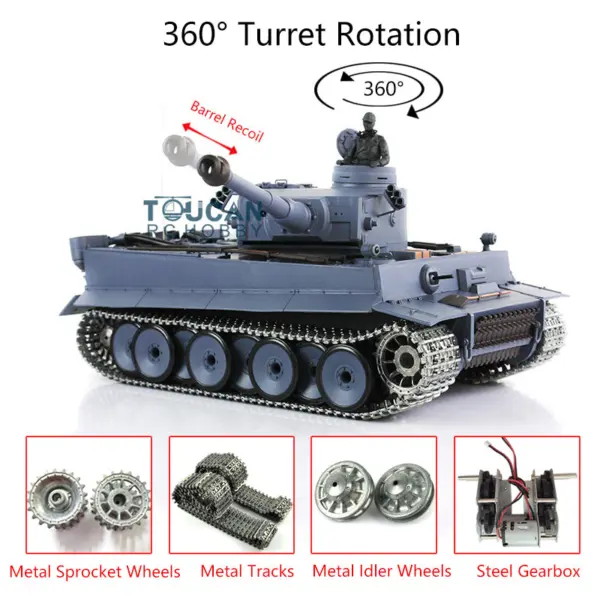 Henglong 1/16 7.0 Upgraded German Tank 3818 Radio Control Tiger I RC Tank W/ 360Degrees Turret Barrel Recoil Metal Idler Sproket Tracks