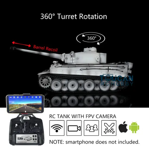 Henglong 1/16 7.0 Tiger I RC Tank 3818 w/ FPV Barrel Recoil 360Degrees Rotating Turret Metal Idler Sproket Road Wheels Engine Sound
