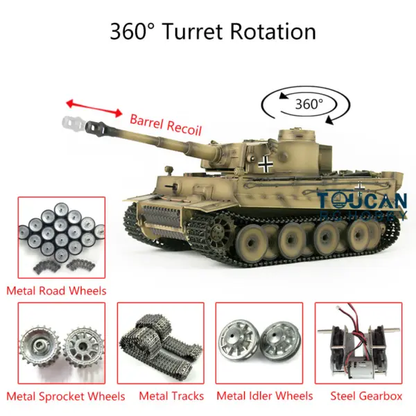 Henglong 1/16 Tiger I RC Tank 3818 7.0 w/ 360Degrees Rotating Turret Metal Idler Sproket Road Wheels Barrel Recoil Smoking Gearbox
