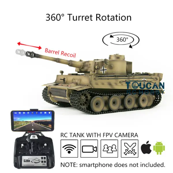 Henglong RTR RC Tank 1/16 Scale 7.0 Upgraded Tiger I 3818 w/ 360Degrees Rotating Turret Barrel Recoil FPV Metal Idler Sproket Tracks