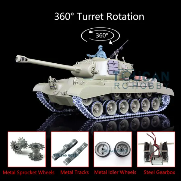 2.4G Henglong 1/16 7.0 Upgraded M26 Pershing RC Tank 3838 w/ 360Degrees Rotating Turret Metal Tracks Sproket Wheels Engine Sound