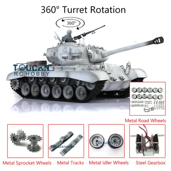 Henglong 1/16 7.0 Customized M26 Pershing RTR RC Tank 3838 w/ 360Degrees Rotating Turret Metal Tracks Idler Sproket Road Wheels Smoking