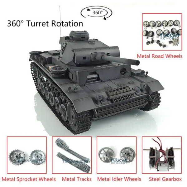 Henglong 1/16 7.0 Customized Panzer III L RTR RC Tank 3848 w/ 360Degrees Rotating Turret Metal Tracks Idler Sproket Road Wheels