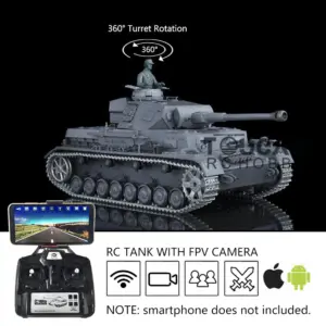 Henglong 1/16 7.0 Upgraded Panzer IV F2 Radio Control Tank 3859 w/ FPV 360Degrees Rotating Turret Metal Idler Sproket Wheel Engine Sound