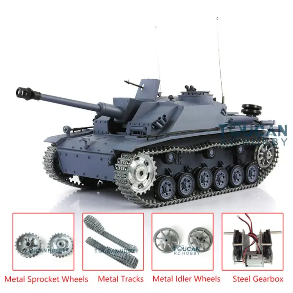 Henglong 1/16 RC Tank 3868 7.0 Upgraded German Stug III RTR Tank w/ Metal Tracks Idler Sproket Wheels Smoking Gearbox Engine Sound
