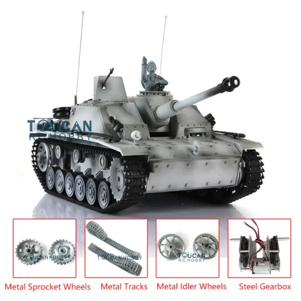Henglong 1/16 RC Tank 3868 7.0 Upgraded German Stug III RTR Tank w/ Metal Tracks Idler Sproket Wheels Smoking Gearbox Engine Sound