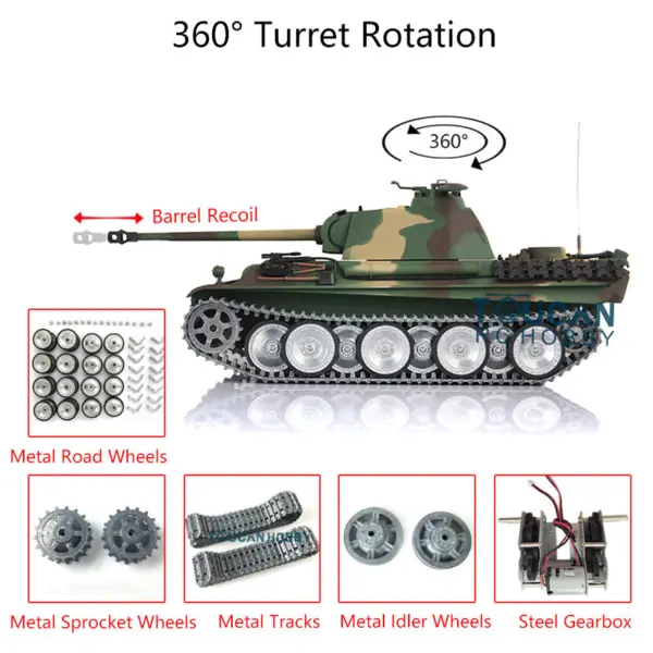 Henglong 1/16 RC Tank 7.0 3879 Customized German Tank Panther G RTR Tank w/ 360Degrees Rotating Turret Barrel Recoil Metal Road Wheel