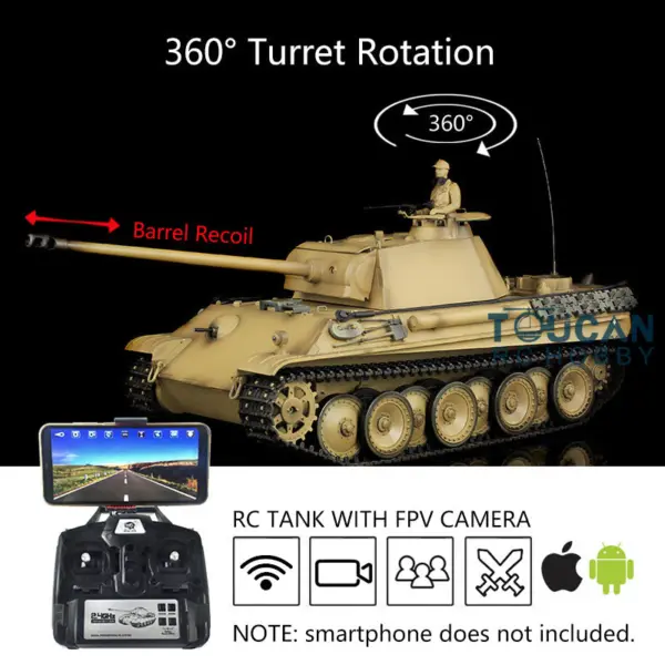 Henglong 1/16 7.0 RC Tank German Panther G Upgraded 3879 w/ FPV 360Degrees Rotating Turret Barrel Recoil Smoking Gearbox Sound Effect
