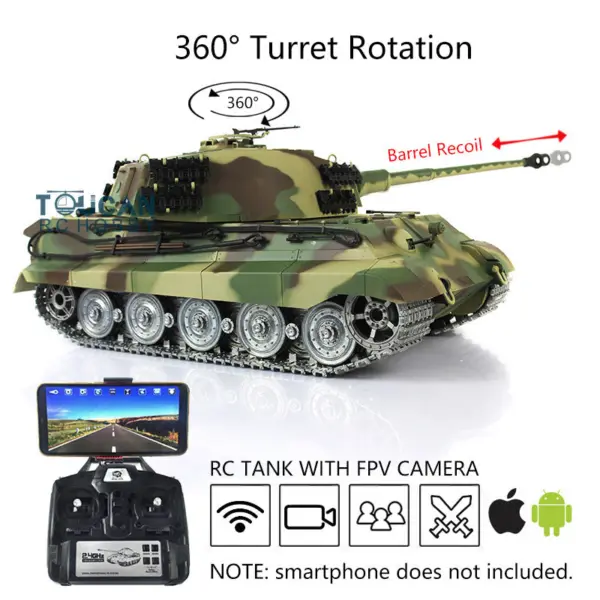 Henglong 1/16 Radio Control Tank 7.0 King Tiger RC Tank 3888A w/ FPV Barrel Recoil 360Degrees Rotating Turret Metal Road Wheels Smoking