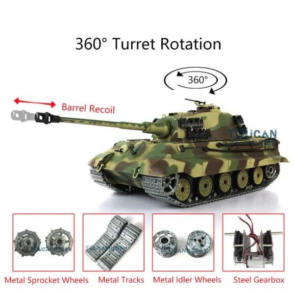 Henglong 1/16 7.0 Upgraded King Tiger RC Tank 3888A w/ 360Degrees Rotating Turret Barrel Recoil Metal Track Idler Sproket Wheels Smoking