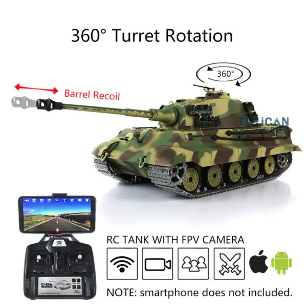 Henglong 7.0 1/16 Scale Upgraded RC Tank 3888A German King Tiger w/ 360Degrees Rotating Turret FPV Barrel Recoil Metal Tracks 2 Sound