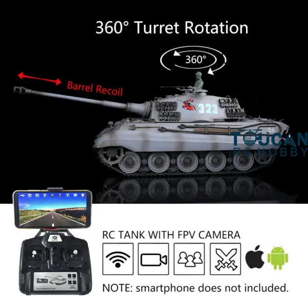 Henglong 7.0 1/16 Scale Upgraded RC Tank 3888A German King Tiger w/ 360Degrees Rotating Turret FPV Barrel Recoil Metal Tracks 2 Sound