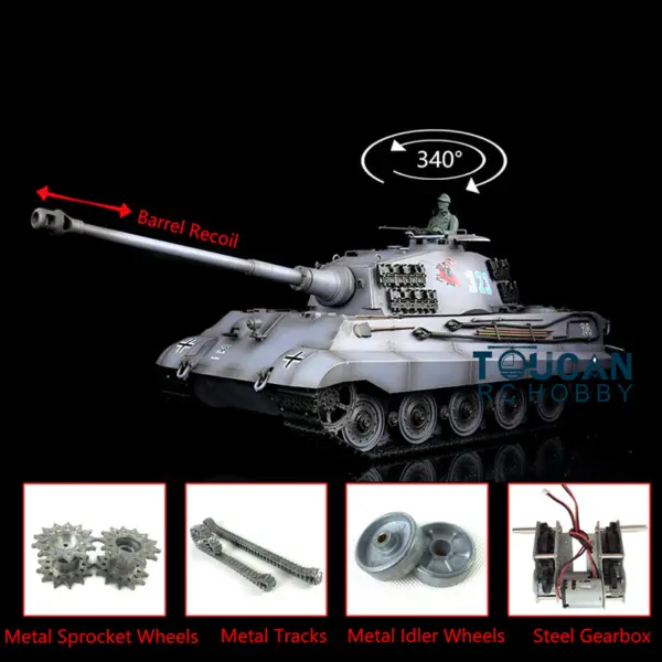 Henglong 2.4G RC Tank 1/16 7.0 3888A German King Tiger Radio Control Tank w/ Metal Track Idler Sproket Wheels Barrel Recoil