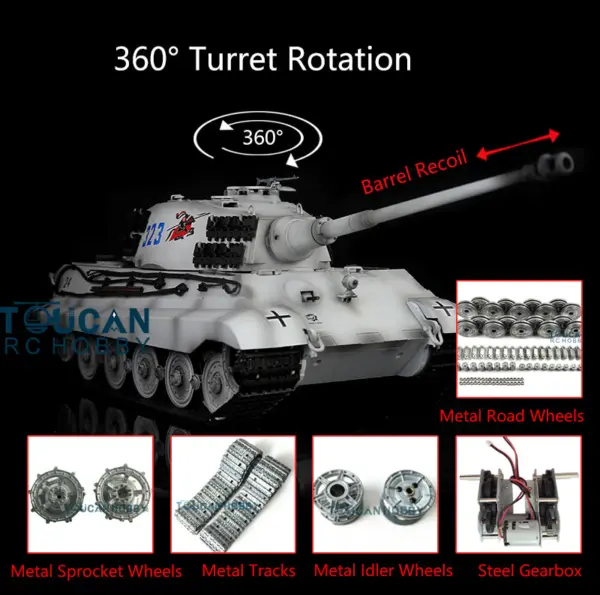 Henglong 1/16 RC Tank 3888A 7.0 King Tiger Remote Control Tank w/ 360Degrees Rotating Turret Metal Road Wheel Barrel Recoil Engine Sound