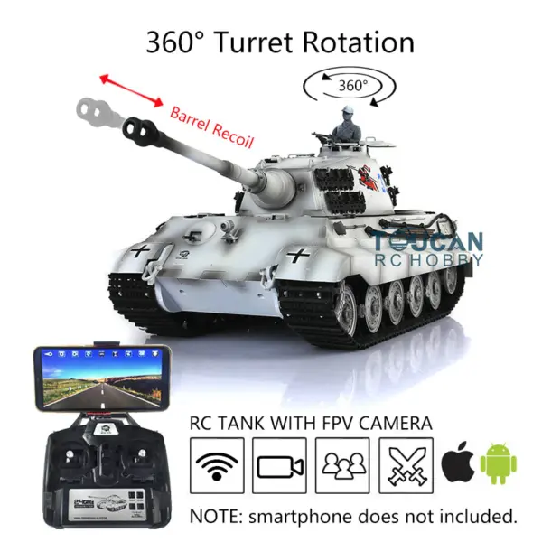 Henglong 7.0 1/16 Scale Upgraded RC Tank 3888A German King Tiger w/ 360Degrees Rotating Turret FPV Barrel Recoil Metal Tracks 2 Sound
