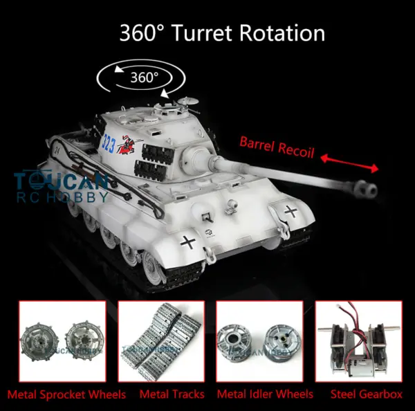 Henglong 1/16 7.0 Upgraded King Tiger RC Tank 3888A w/ 360Degrees Rotating Turret Barrel Recoil Metal Track Idler Sproket Wheels Smoking