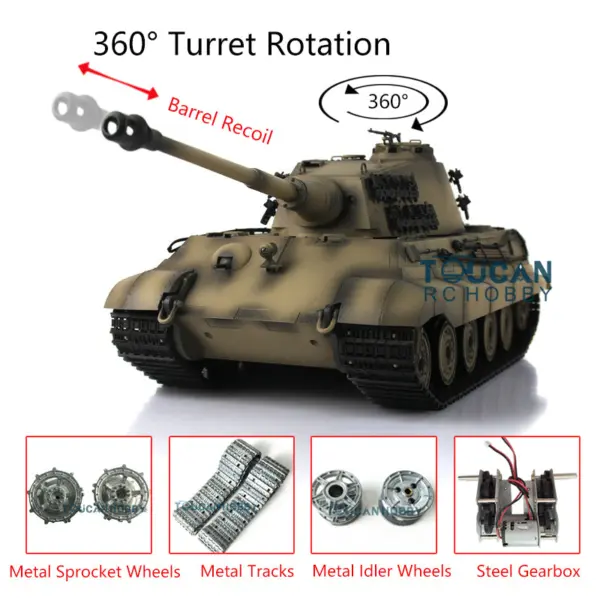 Henglong 1/16 7.0 Upgraded King Tiger RC Tank 3888A w/ 360Degrees Rotating Turret Barrel Recoil Metal Track Idler Sproket Wheels Smoking