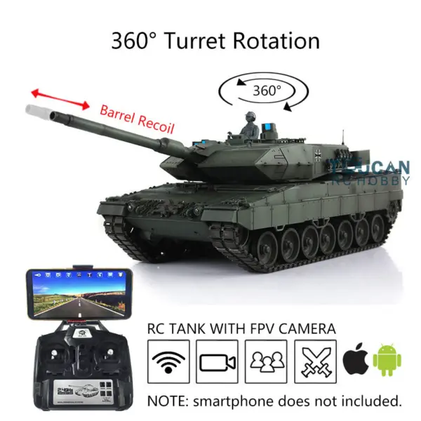 Henglong 1/16 7.0 Version Customized Leopard2A6 RC Tank 3889 w/ Metal Tracks FPV Barrel Recoil BB Shooting 360Degrees Rotating Turret