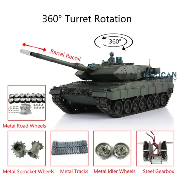 Henglong 1/16 7.0 Customized Leopard2A6 RC Tank 3889 w/ Metal Tracks Road Wheels Barrel Recoil 360Degrees Rotating Turret Engine Sound
