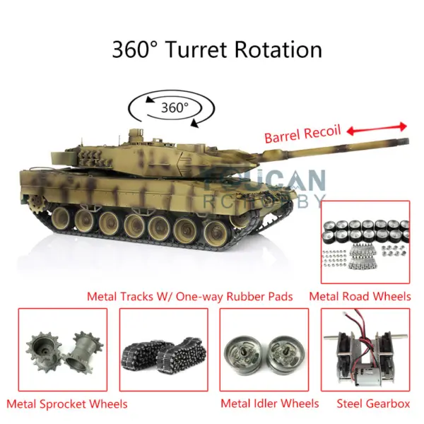 Henglong Military Tank 1/16 TK7.0 Leopard2A6 RC Tank Upgraded 3889 Barrel Recoil 360 Rotating Turret Metal Tracks W/ Rubber Pad