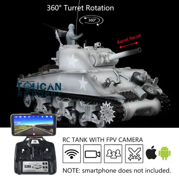 Henglong 1/16 Customized 7.0 M4A3 Sherman RC Tank 3898 w/ 360Degrees Rotating Turret FPV Barrel Recoil Metal Road Wheels Tracks Idler