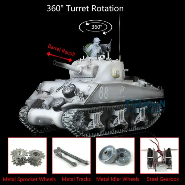 Henglong 1/16 7.0 Upgraded M4A3 Sherman Radio Control Tank 3898 Barrel Recoil 360Degrees Rotating Turret BB Shooting Sound Effect