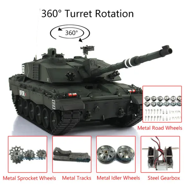 Henglong 7.0 1:16 Challenger II RTR RC Tank Model 3908 360Degrees Turret Steel Gearbox Metal Tracks Idlers Sprockets Road Wheels