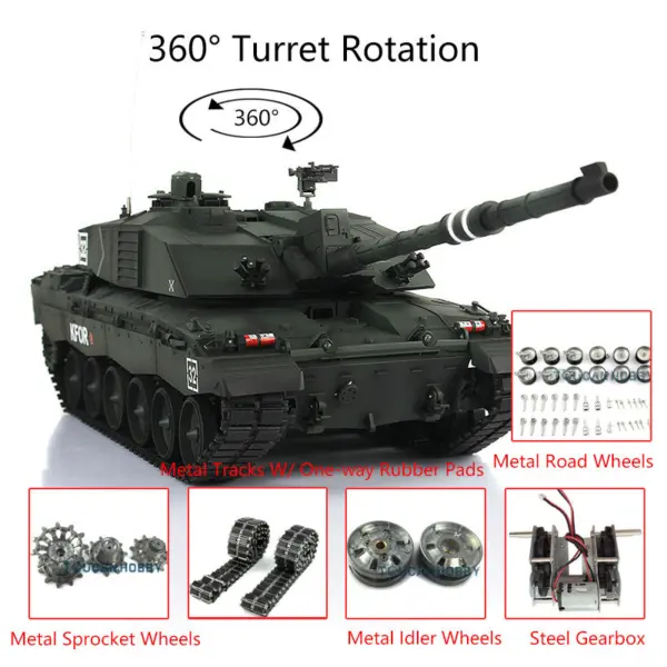 Henglong 1/16 Scale 7.0 British Challenger II RC Tank Model 3908 RTR 360Degrees Turret Motor Gearbox Metal Tracks W/ Rubber Pads Wheels