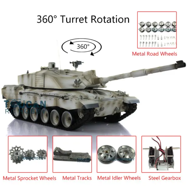 Henglong 7.0 1:16 Challenger II RTR RC Tank Model 3908 360Degrees Turret Steel Gearbox Metal Tracks Idlers Sprockets Road Wheels
