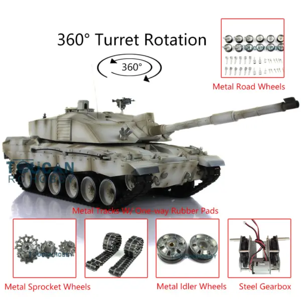 Henglong 1/16 Scale 7.0 British Challenger II RC Tank Model 3908 RTR 360Degrees Turret Motor Gearbox Metal Tracks W/ Rubber Pads Wheels
