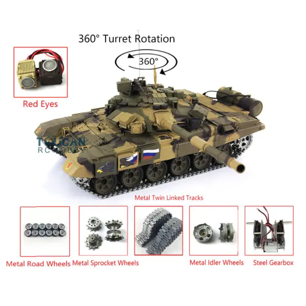 Henglong 1:16 Scale 7.0 Russian T90 RTR RC Tank Model 3938 360Degrees Turret Red Eyes Metal Tracks W/ Linkages Wheels Smoke Gearbox