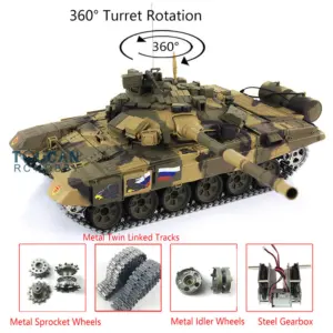 Henglong 7.0 Upgraded Russian T90 RTR 1:16 RC Tank Model 3938 W/ 360Degrees Turret Metal Tracks Linkages Idlers Sprockets