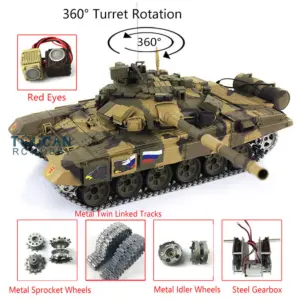 Henglong 2.4Ghz 1:16 7.0 Russian T90 RTR RC Tank 3938 Model W/ 360Degrees Turret Red Eyes Metal Tracks Linkages Idlers Sprockets
