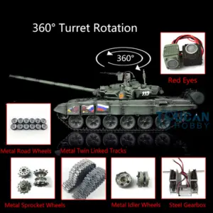 Henglong 1:16 Scale 7.0 Russian T90 RTR RC Tank Model 3938 360Degrees Turret Red Eyes Metal Tracks W/ Linkages Wheels Smoke Gearbox