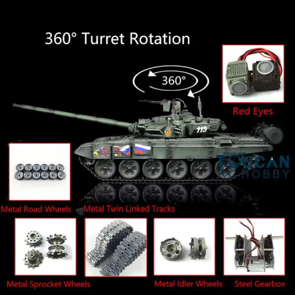 Henglong 1:16 Scale 7.0 Russian T90 RTR RC Tank Model 3938 360Degrees Turret Red Eyes Metal Tracks W/ Linkages Wheels Smoke Gearbox