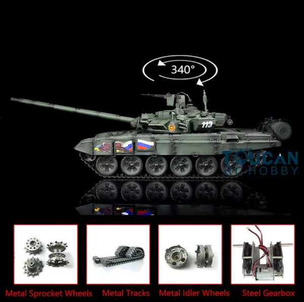 2.4Ghz Henglong Russian T90 1/16 Scale 7.0 RTR RC Tank Model 3938 340 Turret Metal Tracks Idlers Driving Wheels