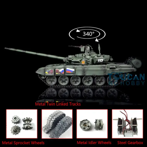 Henglong 2.4Ghz Upgraded Russian T90 1/16 Scale 7.0 RTR RC Tank Model 3938 Metal Tracks W/ Linkages 340 Turret