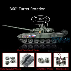 Henglong 7.0 Upgraded Russian T90 RTR 1:16 RC Tank Model 3938 W/ 360Degrees Turret Metal Tracks Linkages Idlers Sprockets