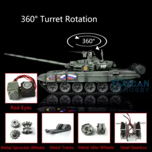 2.4Ghz Henglong 1/16 7.0 Russian T90 RTR RC Tank Model 3938 W/ 360Degrees Turret Red Eyes Steel Gearbox Metal Tracks