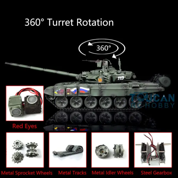 2.4Ghz Henglong 1/16 7.0 Russian T90 RTR RC Tank Model 3938 W/ 360Degrees Turret Red Eyes Steel Gearbox Metal Tracks
