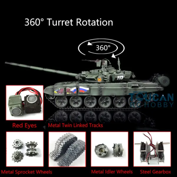 Henglong 2.4Ghz 1:16 7.0 Russian T90 RTR RC Tank 3938 Model W/ 360Degrees Turret Red Eyes Metal Tracks Linkages Idlers Sprockets