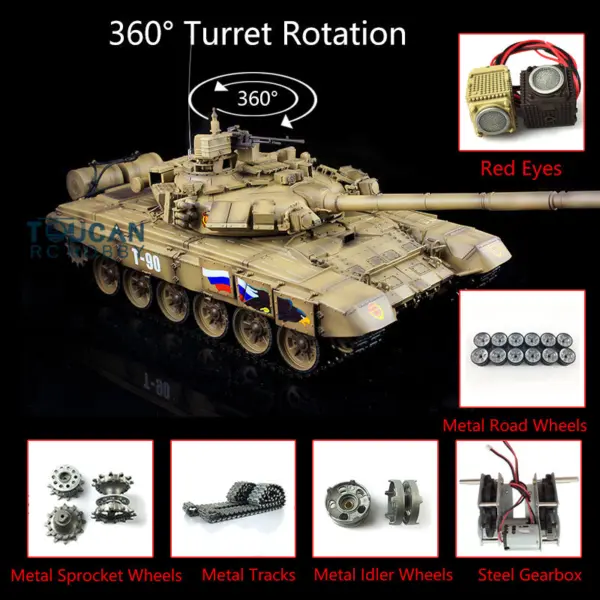Henglong 2.4Ghz Russian T90 1/16 7.0 RTR RC Tank Model 3938 Red Eyes 360Degrees Turret Metal Tracks Idlers Sprockets Road Wheels