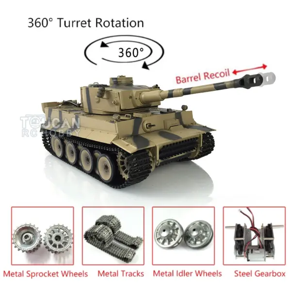 Henglong 1/16 7.0 Upgraded German Tank 3818 Radio Control Tiger I RC Tank W/ 360Degrees Turret Barrel Recoil Metal Idler Sproket Tracks