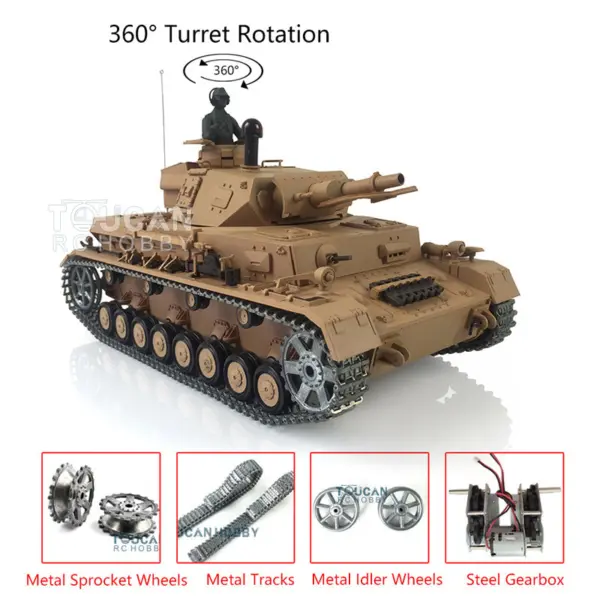 Henglong 1/16 7.0 RC Tank 3858 Panzer IV F Radio Control Upgraded Tank W/ 360Degrees Rotating Turret Metal Tracks Idler Sproket Wheel