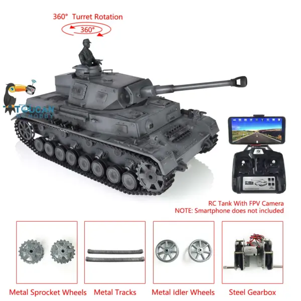 Henglong 1/16 7.0 Upgraded Panzer IV F2 Radio Control Tank 3859 w/ FPV 360Degrees Rotating Turret Metal Idler Sproket Wheel Engine Sound