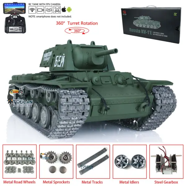 Henglong Radio Control Tank 3878 7.0 Soviet KV-1 BB Shooting Tank w/ FPV Metal Tracks Road Wheels Idler Sproket Wheels 1/16 Scale