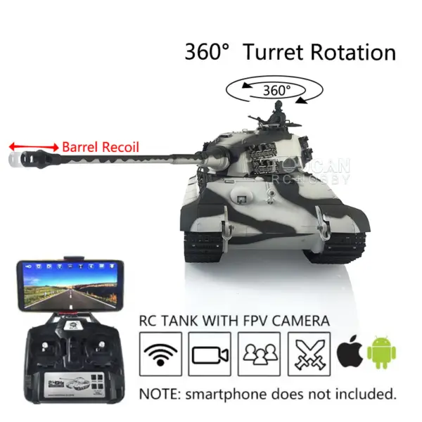 Henglong 7.0 1/16 Scale Upgraded RC Tank 3888A German King Tiger w/ 360Degrees Rotating Turret FPV Barrel Recoil Metal Tracks 2 Sound